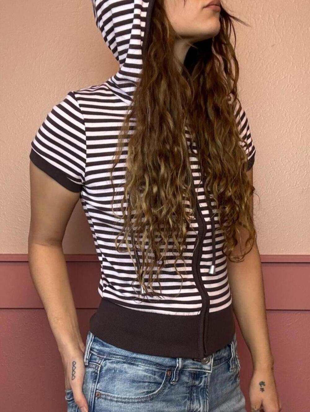 y2k pink brown striped hooded zip up blue riot short sleeve 2000s grunge